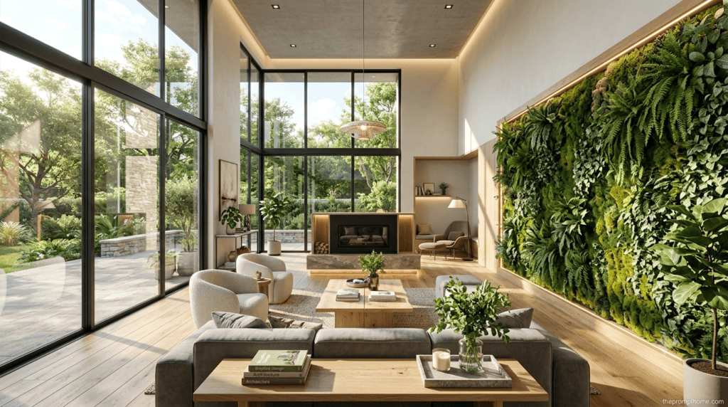 A wide-angle interior render of a luxury modern living room generated using a professional persona prompt