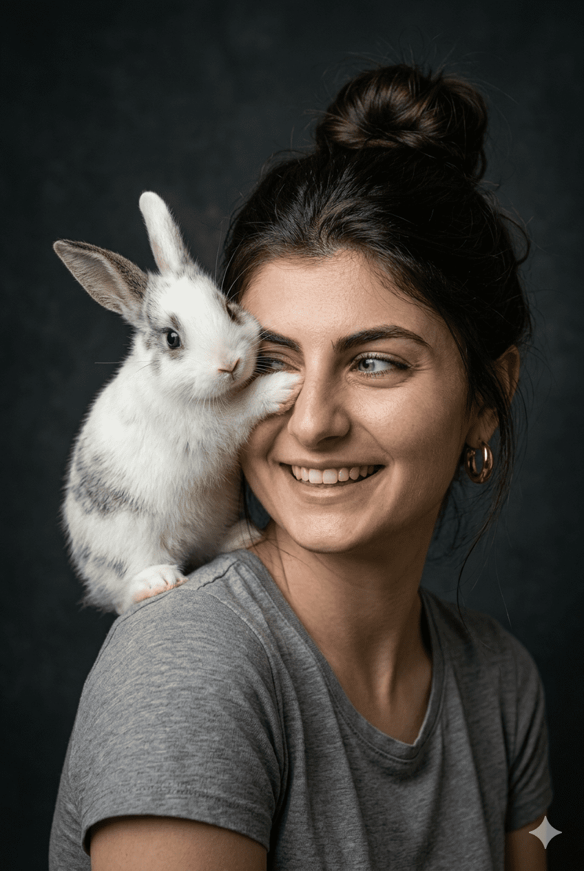 Playful studio portrait of a smiling woman with a cute white and grey baby bunny on her shoulder touching her cheek