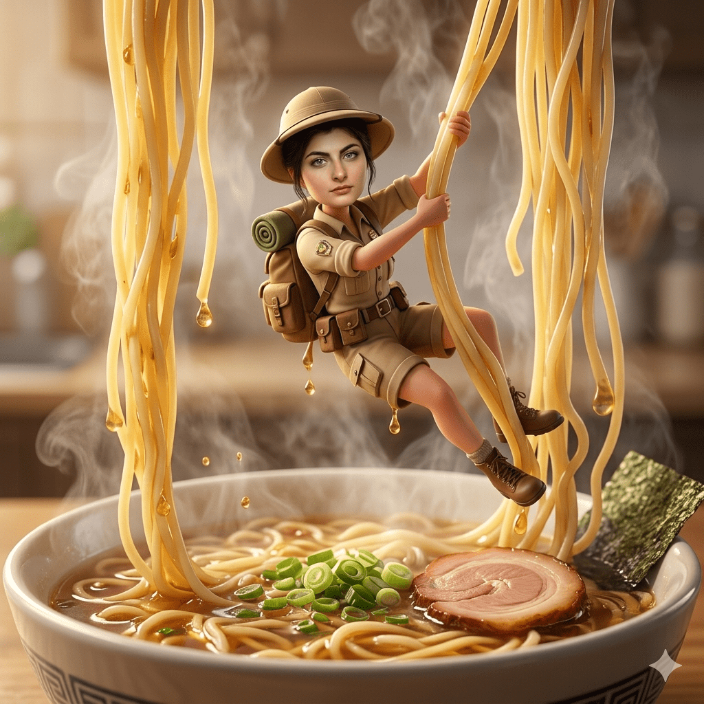 Surreal macro photograph of a miniature explorer swinging on giant ramen noodles over a hot bowl of noodle soup