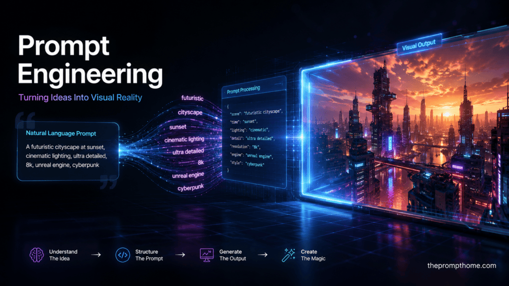 A professional conceptual banner representing prompt engineering, showing natural language words transforming into AI art and code