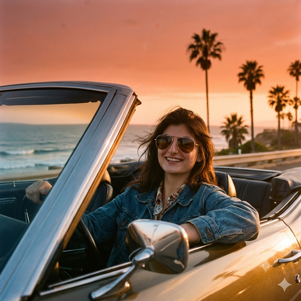 Woman driving a vintage convertible on a California coastal highway at sunset with a 1970s Kodachrome film aesthetic