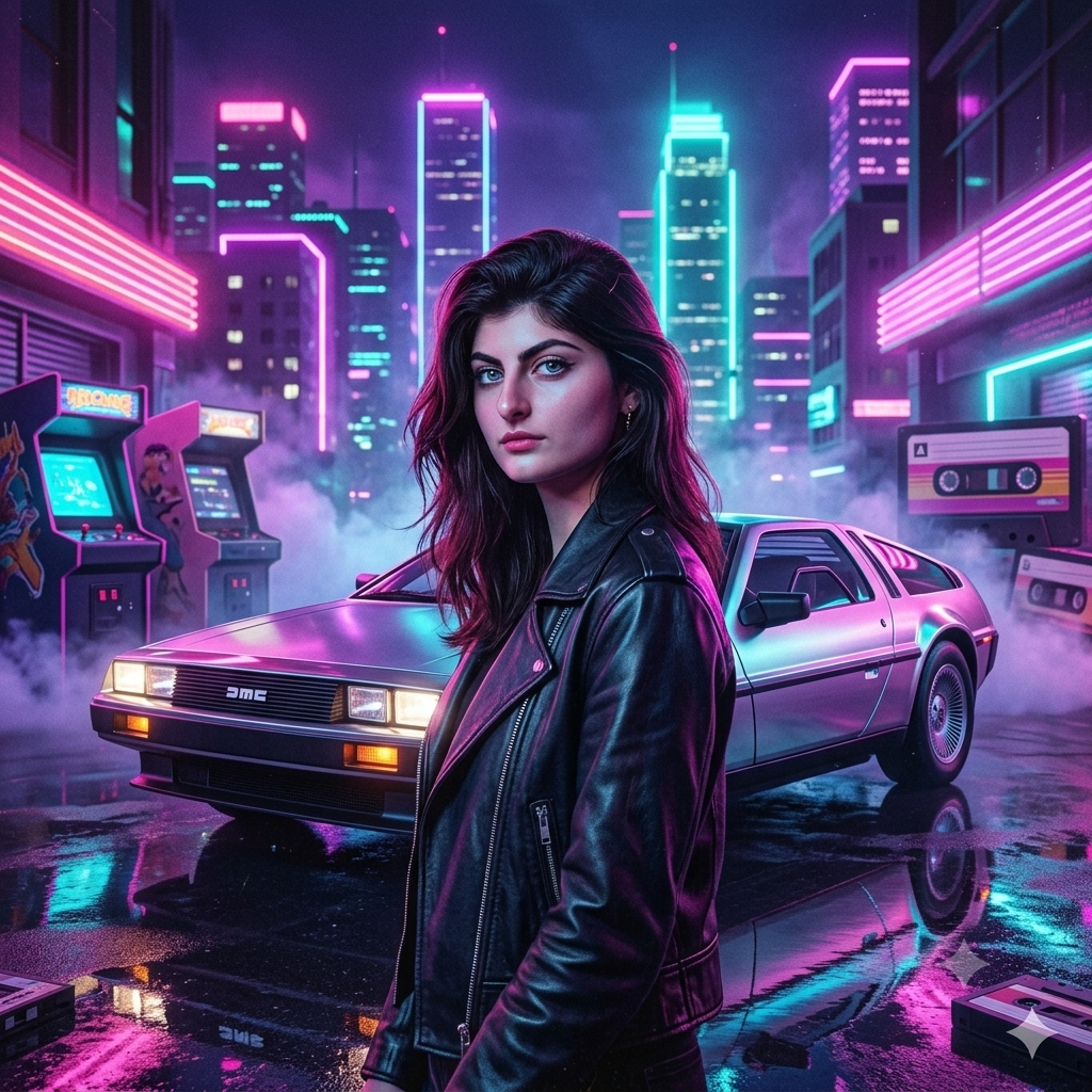 Woman in a leather jacket standing beside a classic sports car in a neon 1980s synthwave city at night