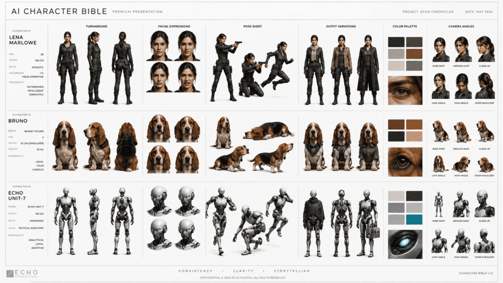 AI Character Bible reference sheet example