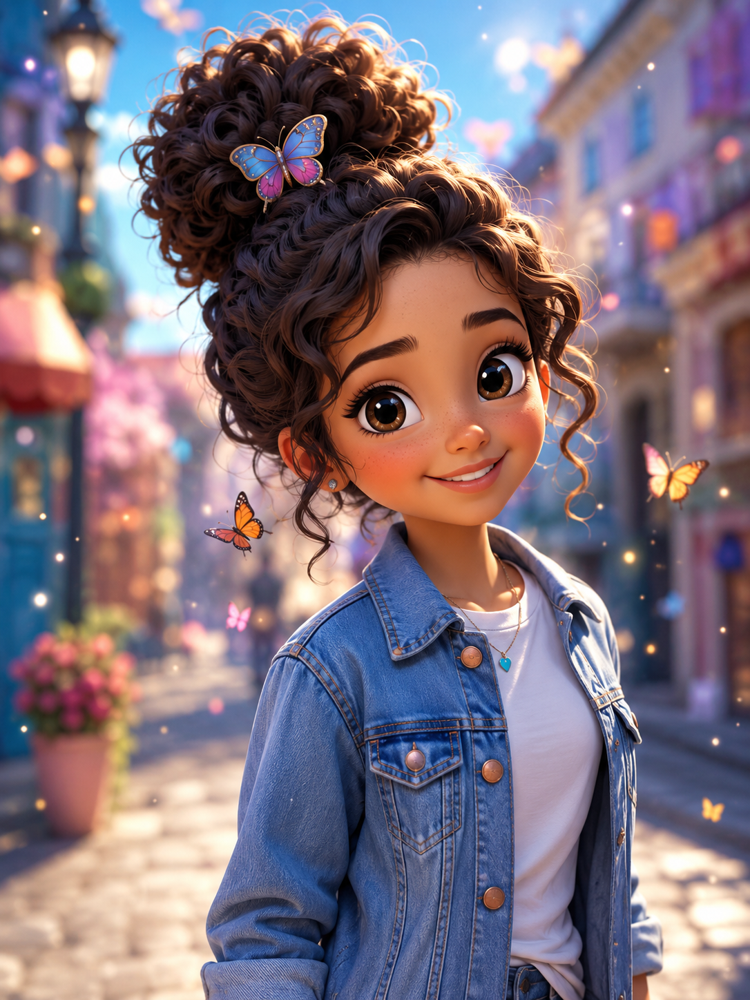 Cute 3D cartoon girl with curly bun hairstyle, butterfly hair clip, denim jacket, and magical sparkles in a colorful city street