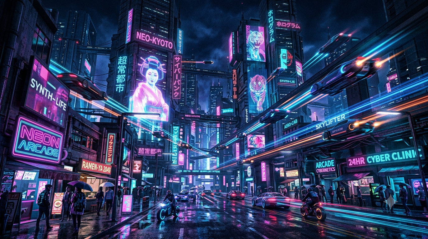 Futuristic neon metropolis generated using cyberpunk ai video prompts