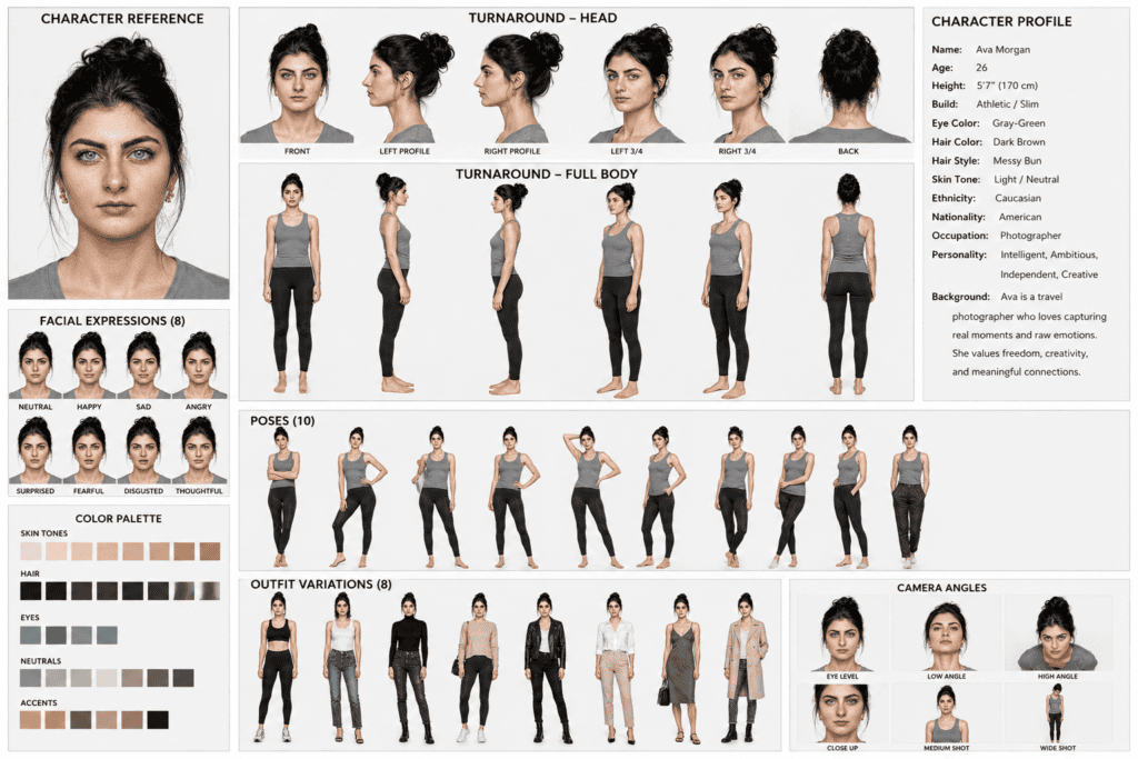Female AI character reference board AI Character Bible reference sheet example