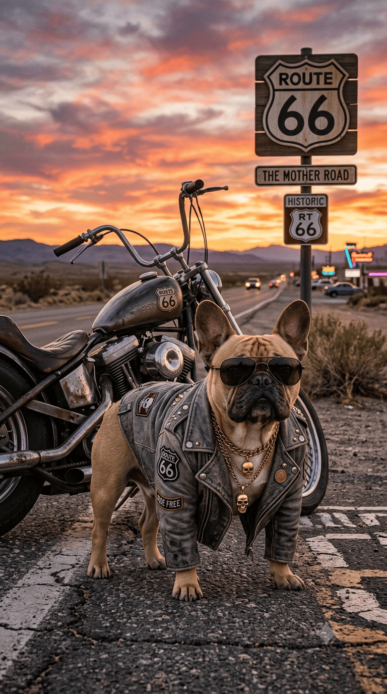 Cool French Bulldog wearing aviator sunglasses and a leather biker jacket standing by a motorcycle on Route 66 at sunset