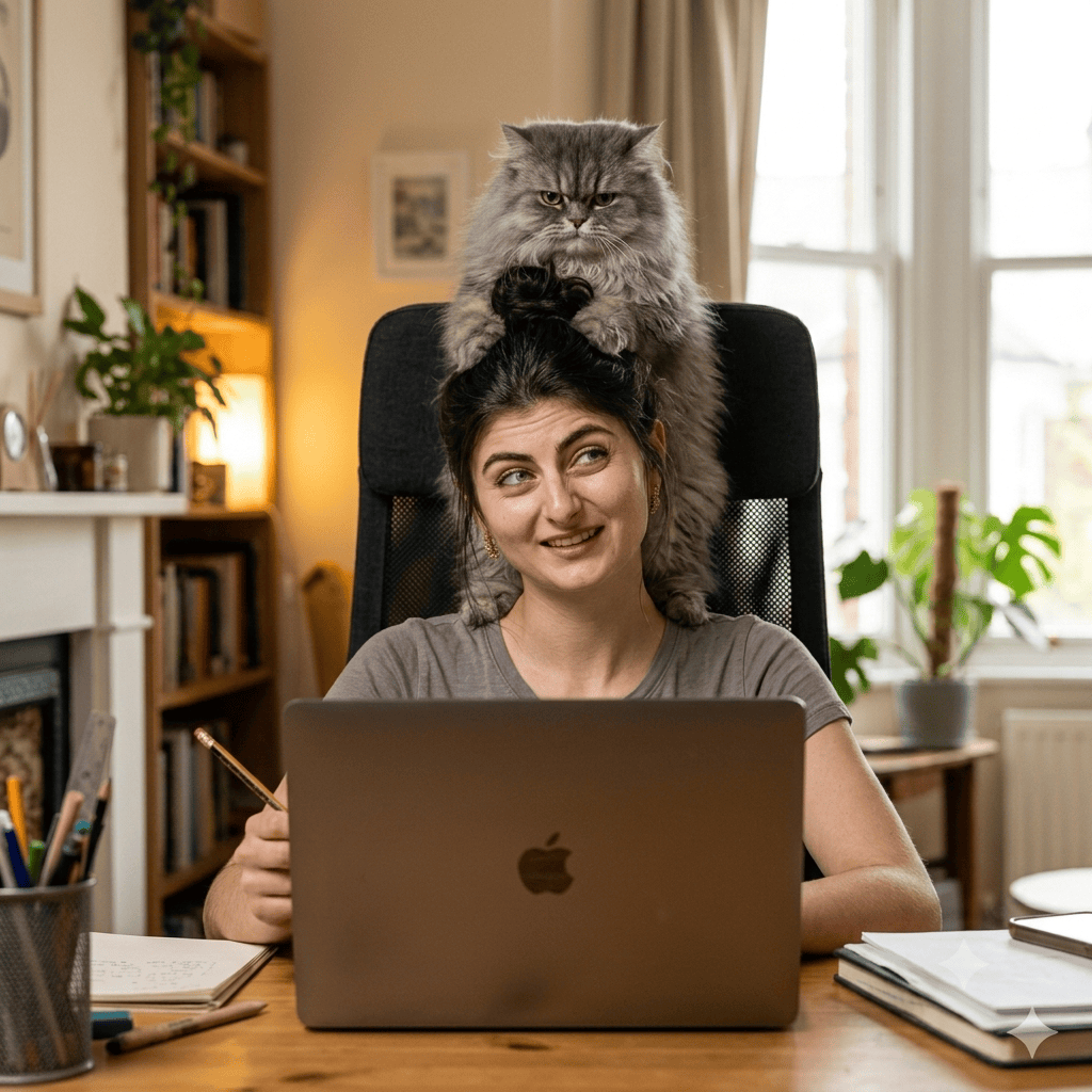 Funny candid portrait of a woman working on a laptop while a grumpy grey Persian cat stands on her head