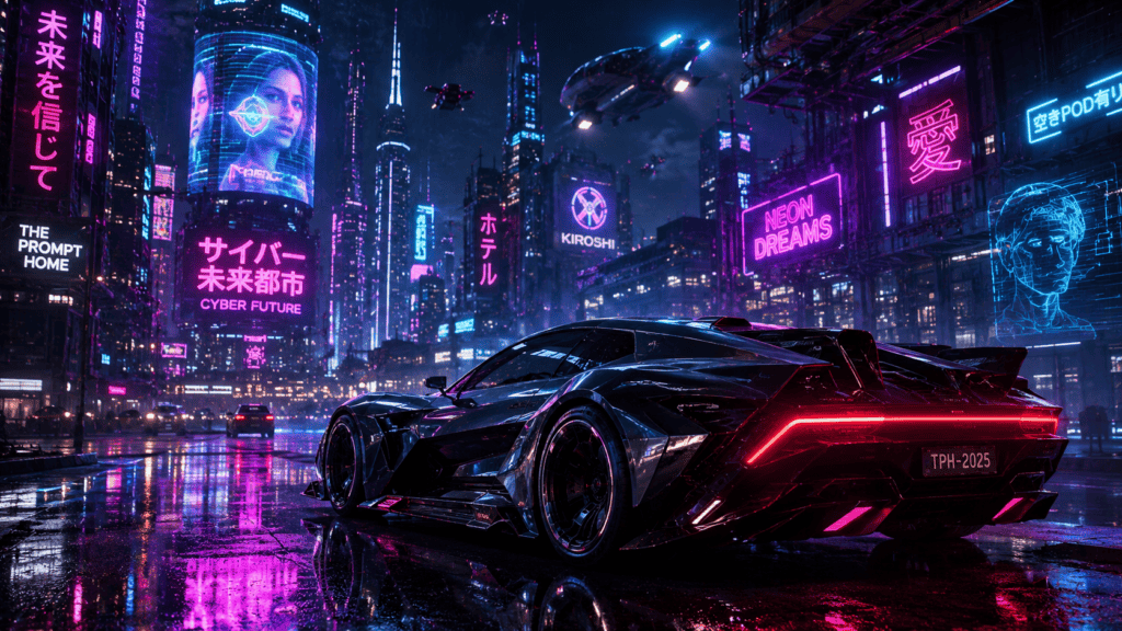 Cyberpunk scifi prompts city street and futuristic vehicle AI image