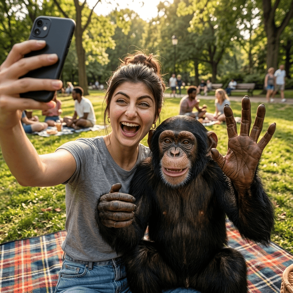 Outdoor selfie of a happy woman taking a picture on her phone with a waving baby chimpanzee on a picnic blanket in a sunny park