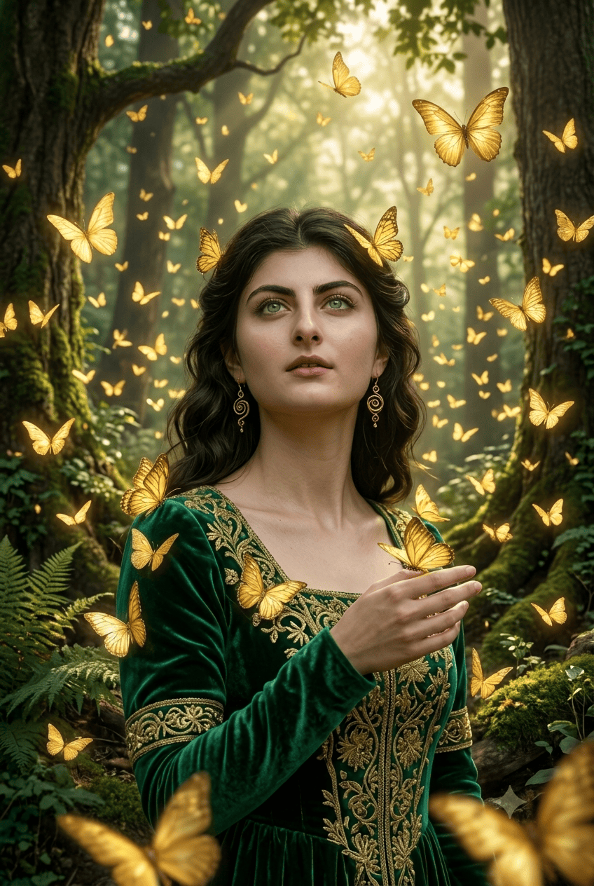 Enchanted fairytale portrait of a woman in an emerald green velvet dress surrounded by glowing golden butterflies in a sunlit forest