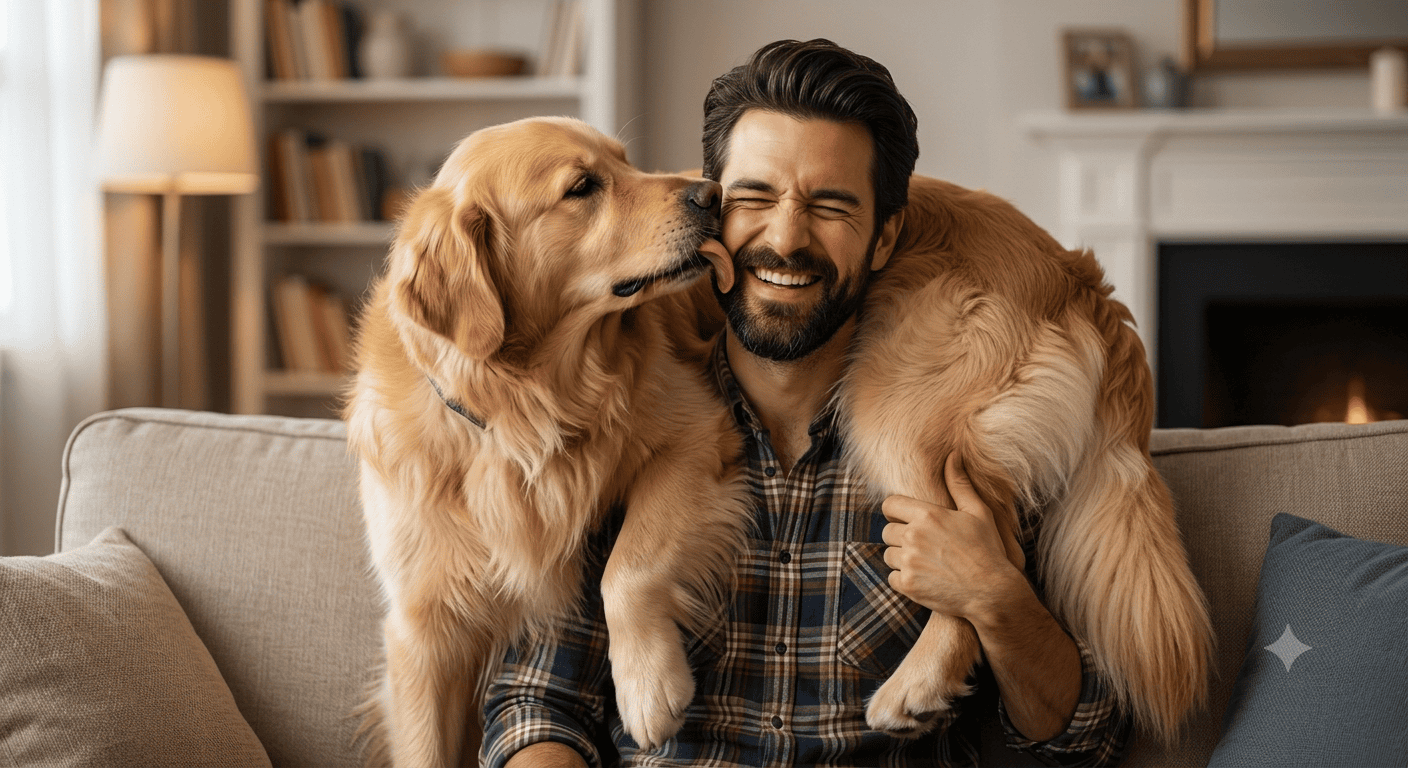Candid portrait of a laughing man sitting on a sofa while a Golden Retriever hugs him and licks his face