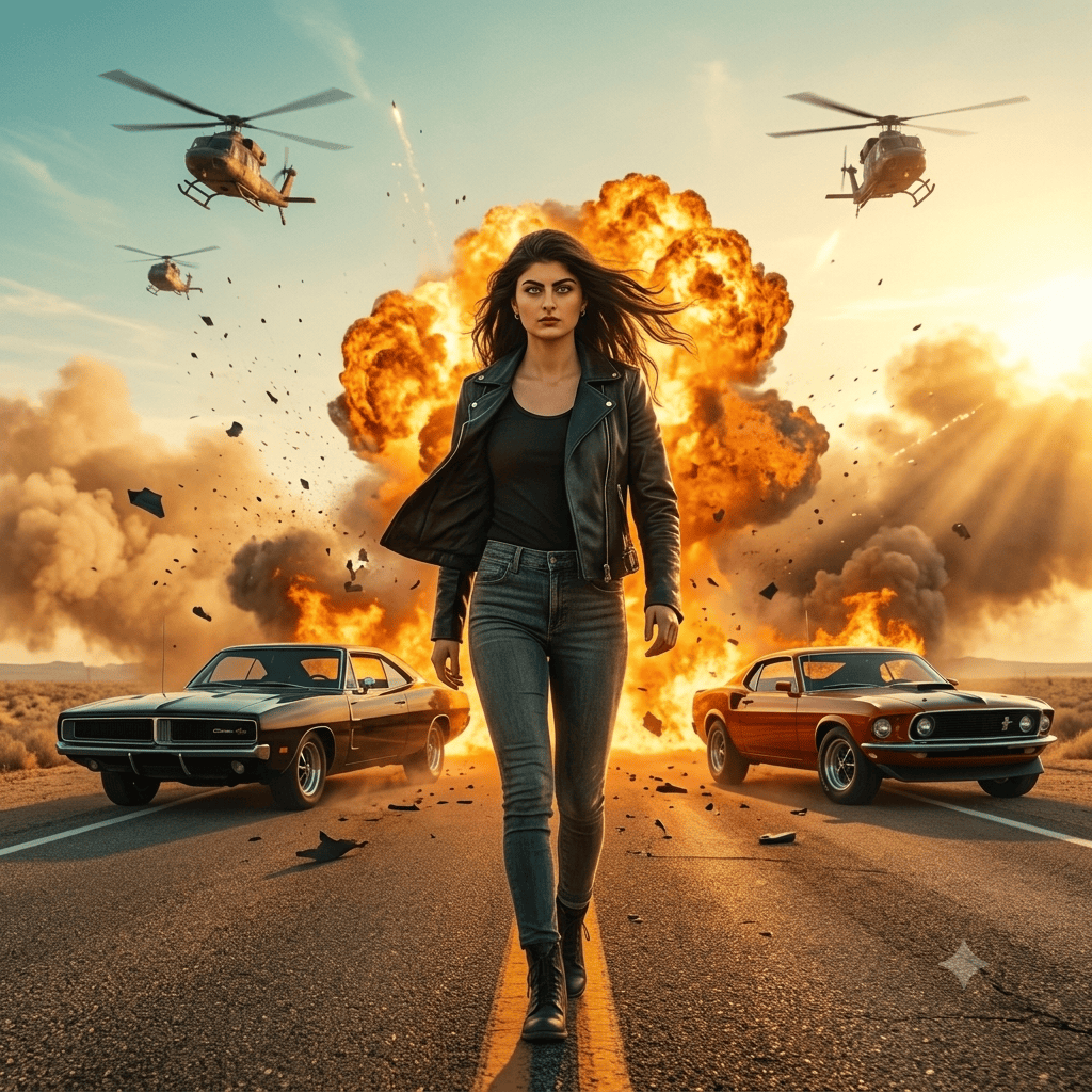 Woman walking confidently through a desert highway with explosions, muscle cars, and helicopters in a Hollywood action movie scene