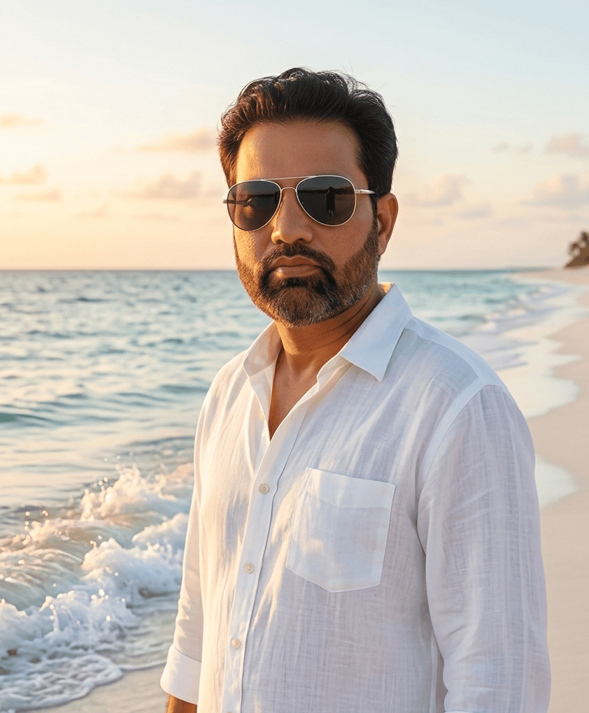 Luxury tropical beach portrait of a man wearing a white linen shirt and sunglasses during golden hour