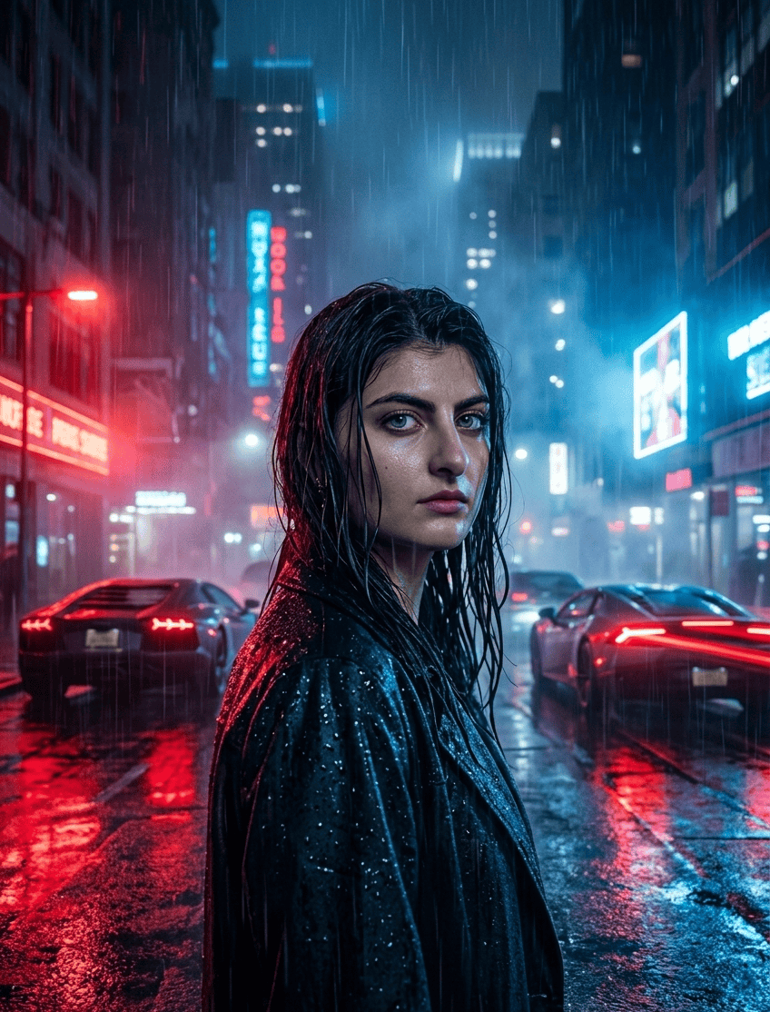 Woman standing on a rain-soaked neon city street at midnight in a cinematic neo-noir movie poster style