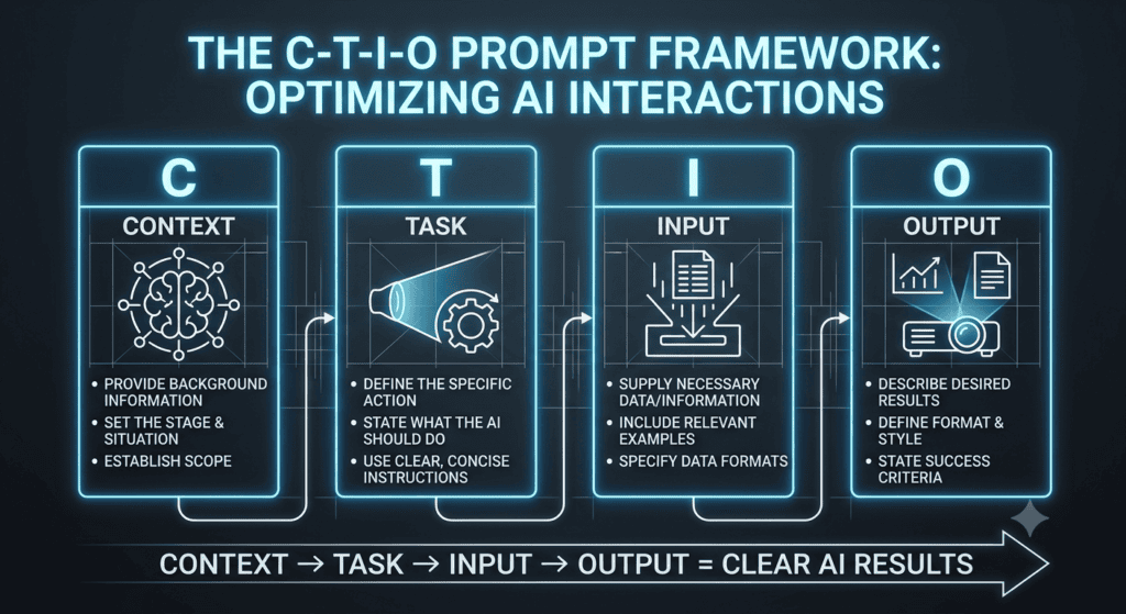 A sleek corporate geometric diagram illustrating the four advanced prompt engineering frameworks. structural layers of the C-T-I-O prompt framework