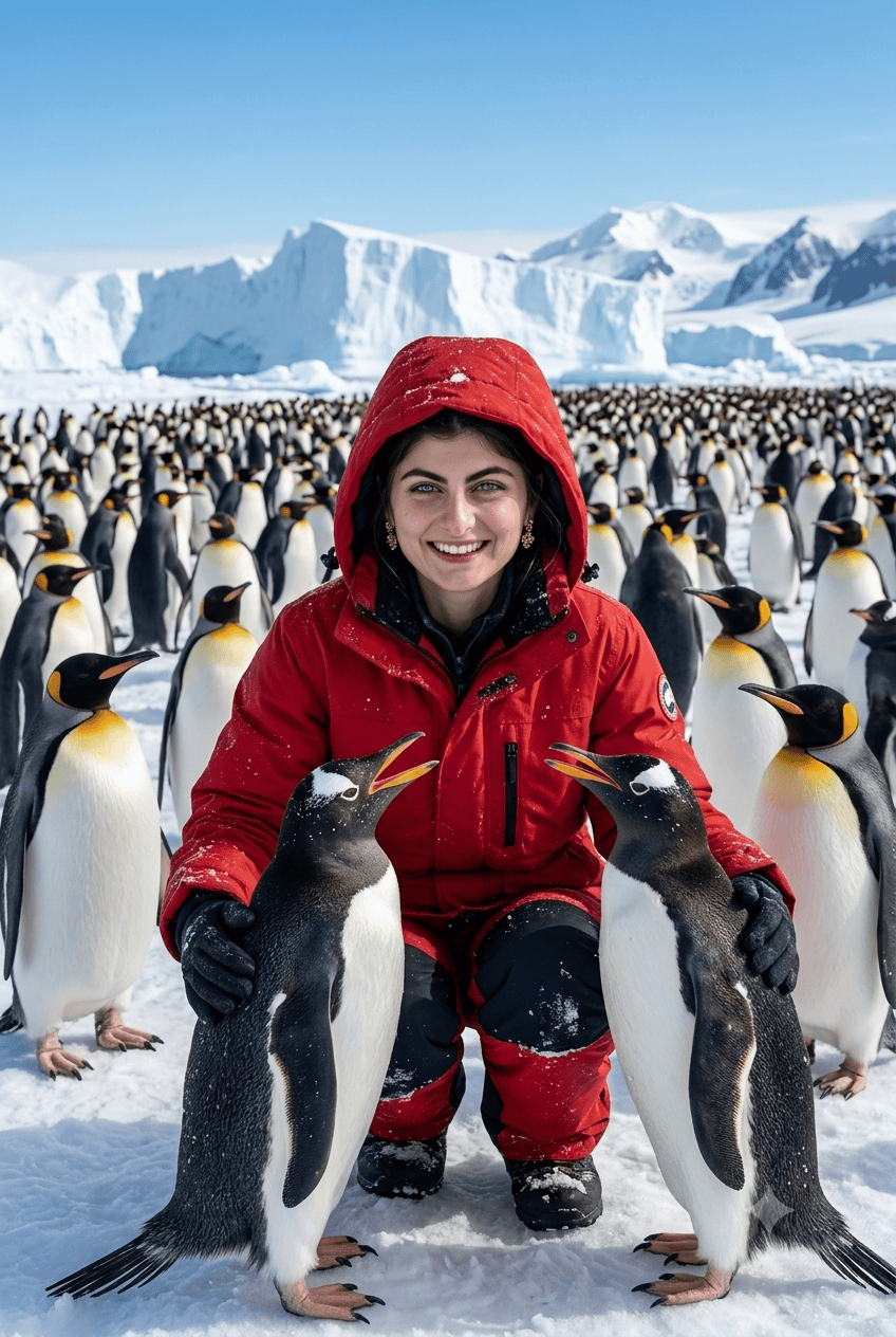 Travel photography of a smiling woman in a red parka kneeling with penguins on an Antarctica ice field