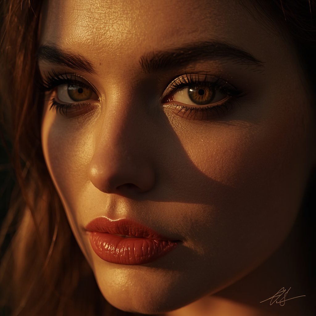 Midjourney Cinematic Photography Prompts displaying natural skin textures and professional golden hour lighting