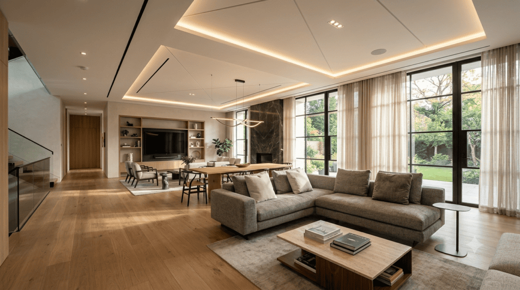 A wide-angle architectural photograph showcasing a modern ceiling design and realistic wood textures