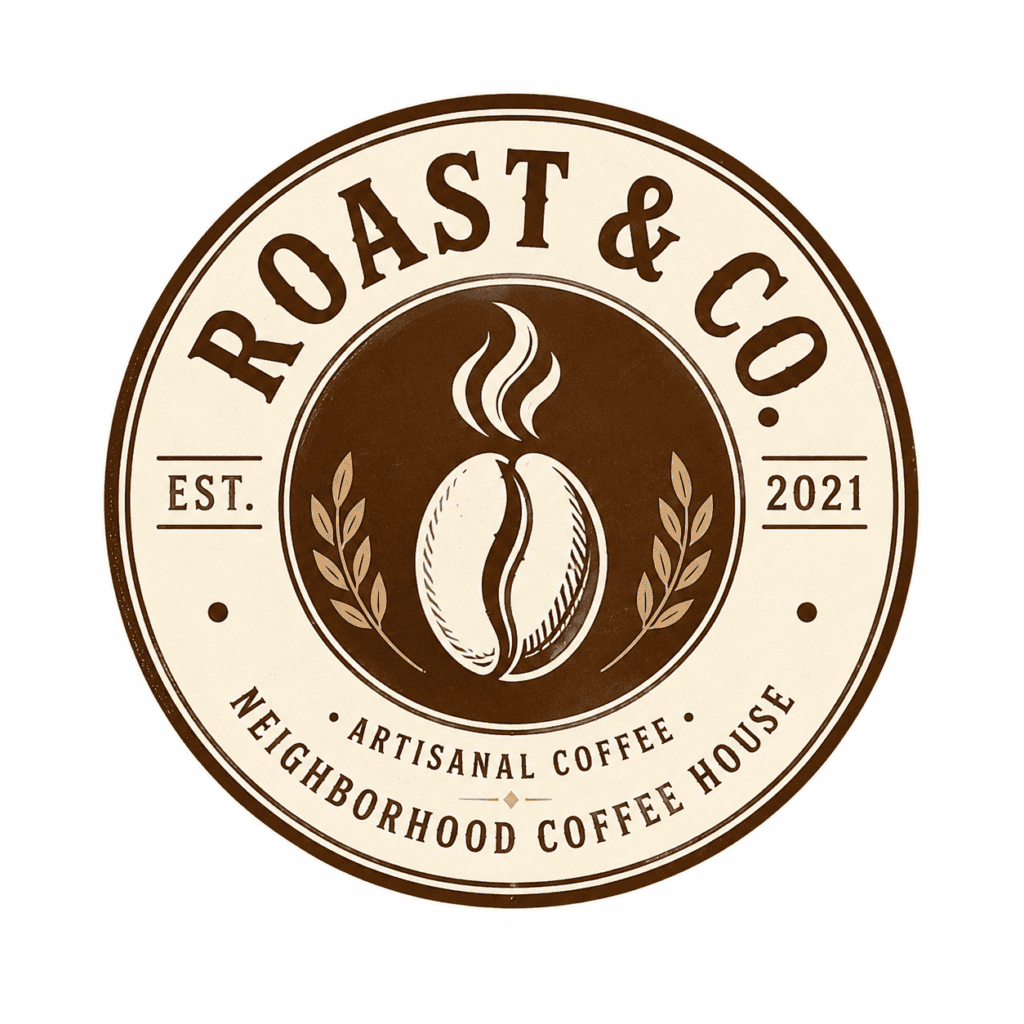 A circular vintage badge logo for Roast & Co. coffee house on a flat white background