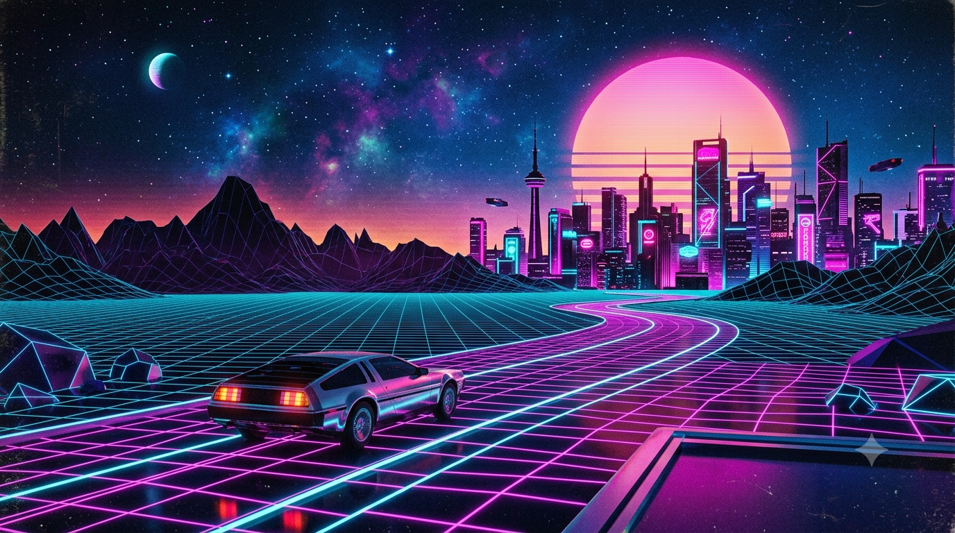 80s Synthwave Outrun Retro-Futuristic Neon Landscape