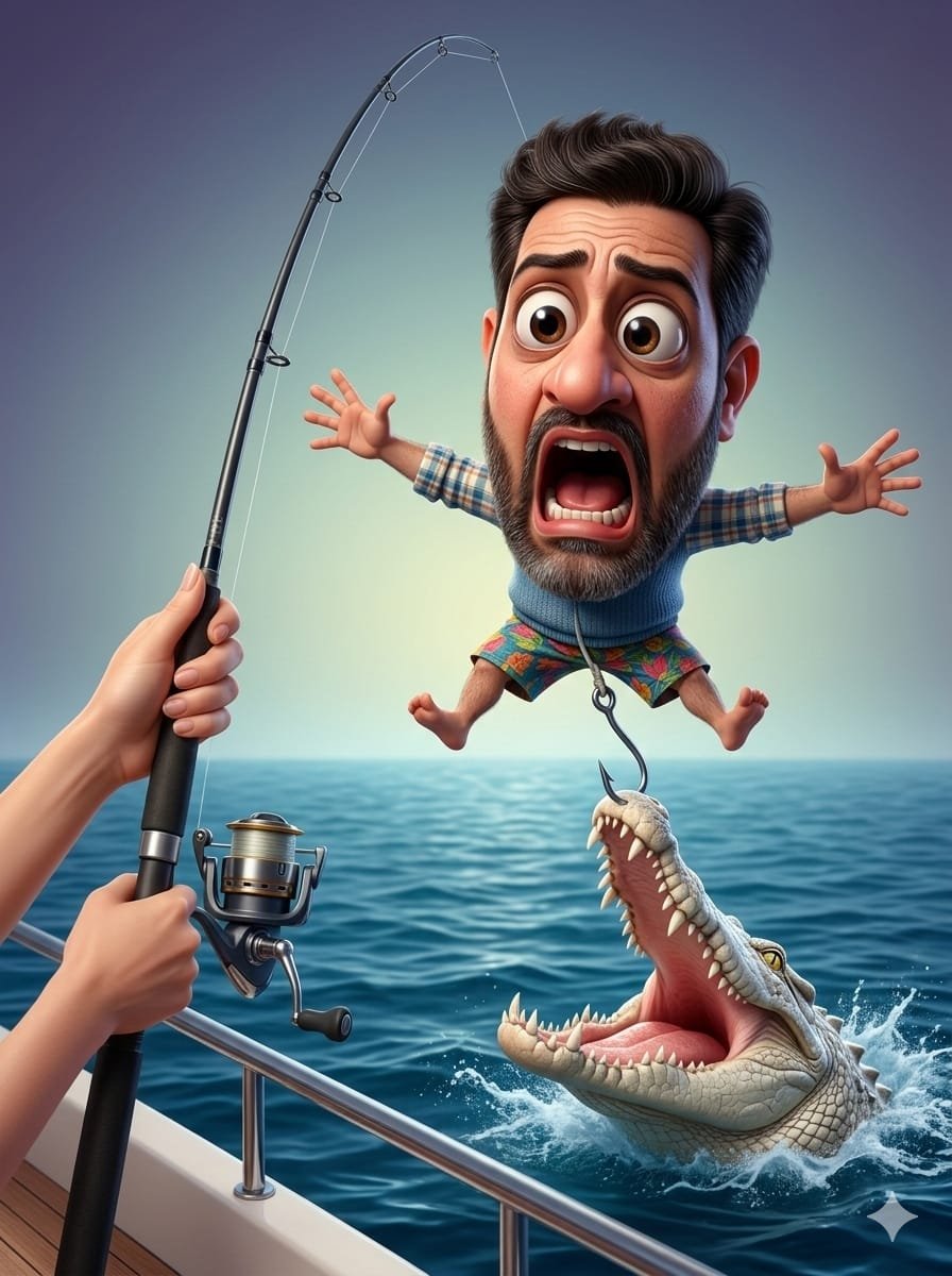3D Pixar style caricature of a shocked man caught on a fishing hook above a leaping crocodile in the ocean