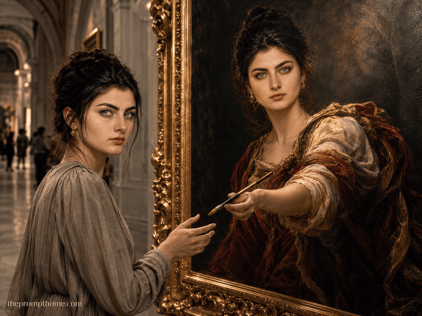 Surreal conceptual art of a Renaissance woman reaching out of a museum oil painting frame to hand a paintbrush to a real woman
