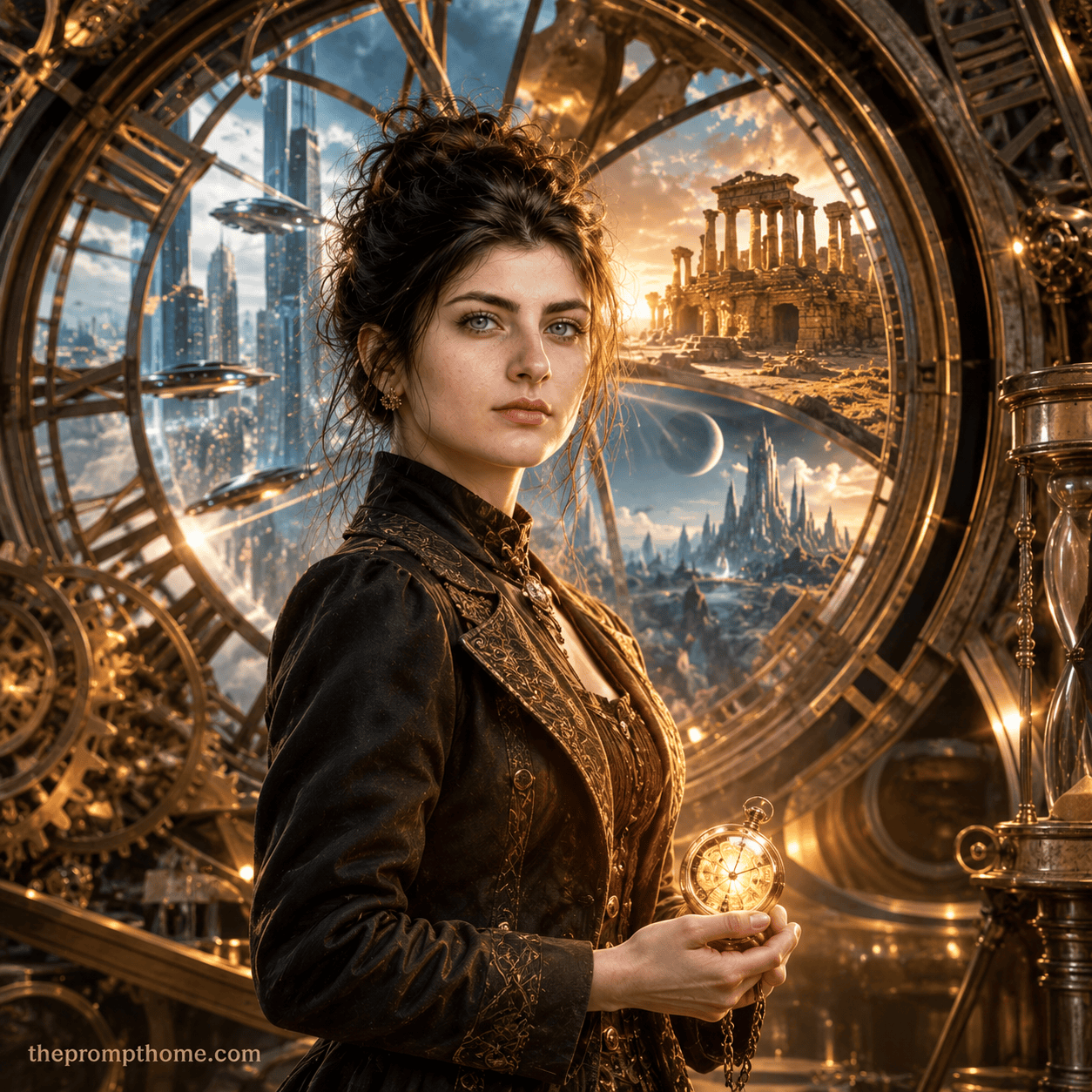Surreal conceptual art of a woman holding a glowing pocket watch inside giant golden clockwork gears with a time portal background