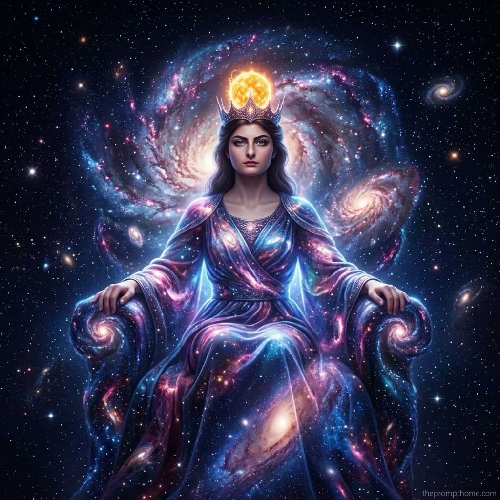 Surreal celestial art of a cosmic queen wearing a galaxy gown seated on a nebula throne in outer space