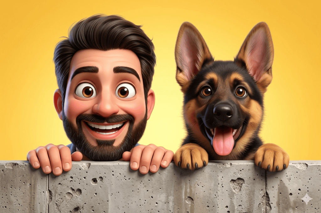 3D cartoon artwork of a smiling bearded man and a German Shepherd puppy peeking over a concrete wall against a bright yellow background