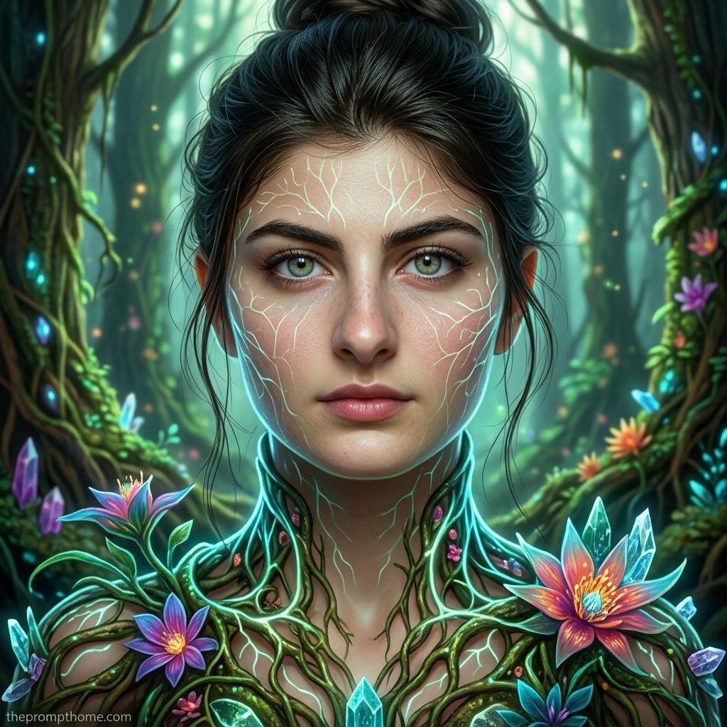 Fantasy portrait of a forest nymph with glowing veins, flowers, and crystals in an enchanted forest
