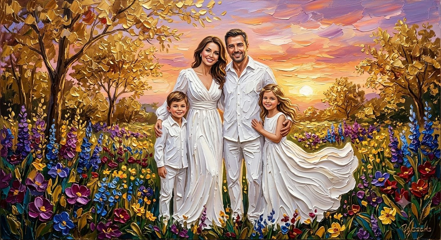 Beautiful Family Sunset Oil Painting