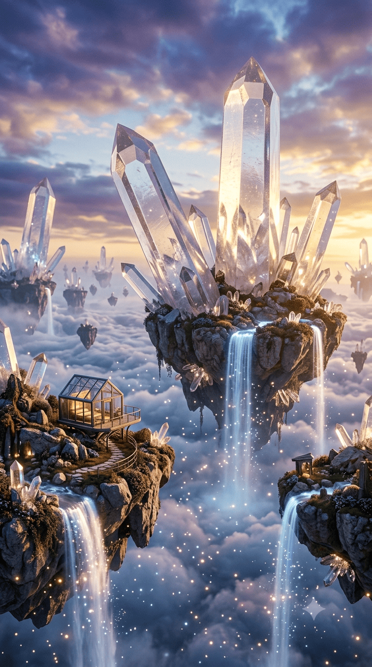 Fantasy 4K mobile wallpaper featuring floating islands with giant glowing quartz crystals, waterfalls, and a cozy glass cabin above sunset clouds
