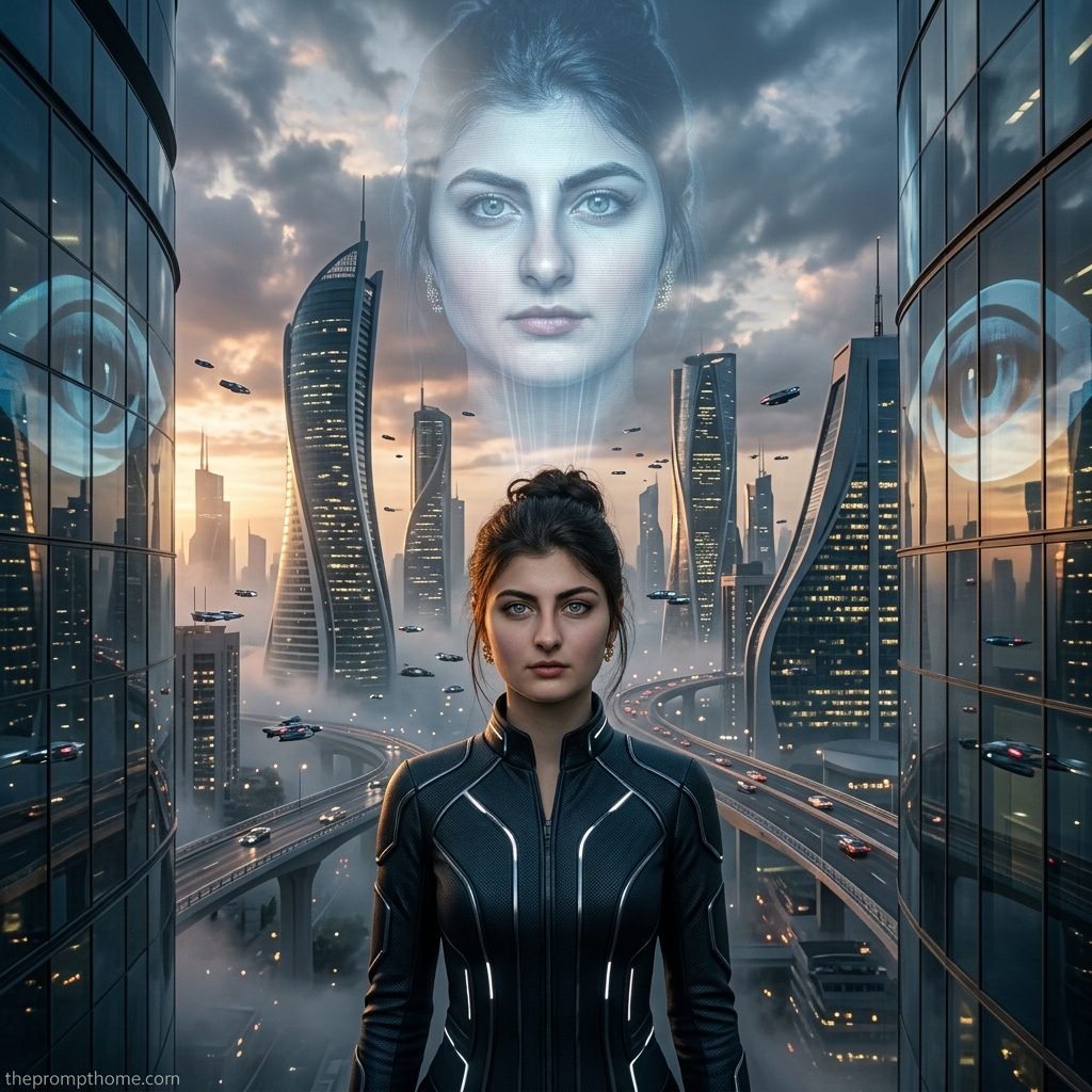 Futuristic sci-fi art of a woman in a cyber suit in a dystopian metropolis with flying cars and giant holographic face