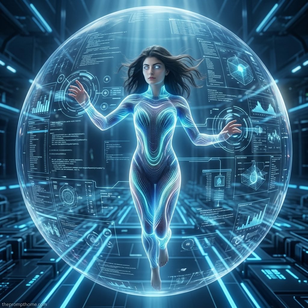 Futuristic sci-fi art of a female AI floating in a glowing holographic sphere inside a high-tech lab