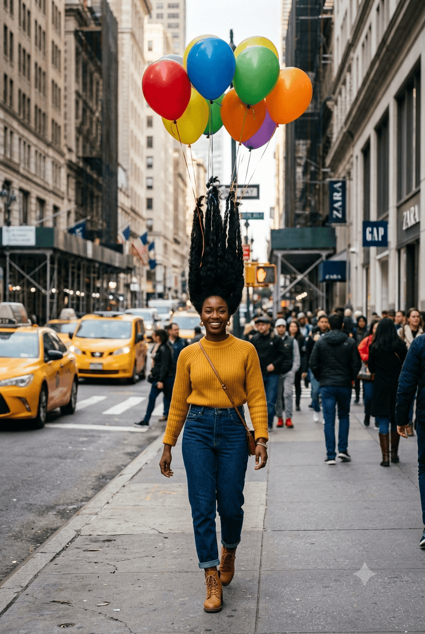 Surreal candid photograph of a smiling woman walking in NYC whose hair is tied to colorful balloons floating upward