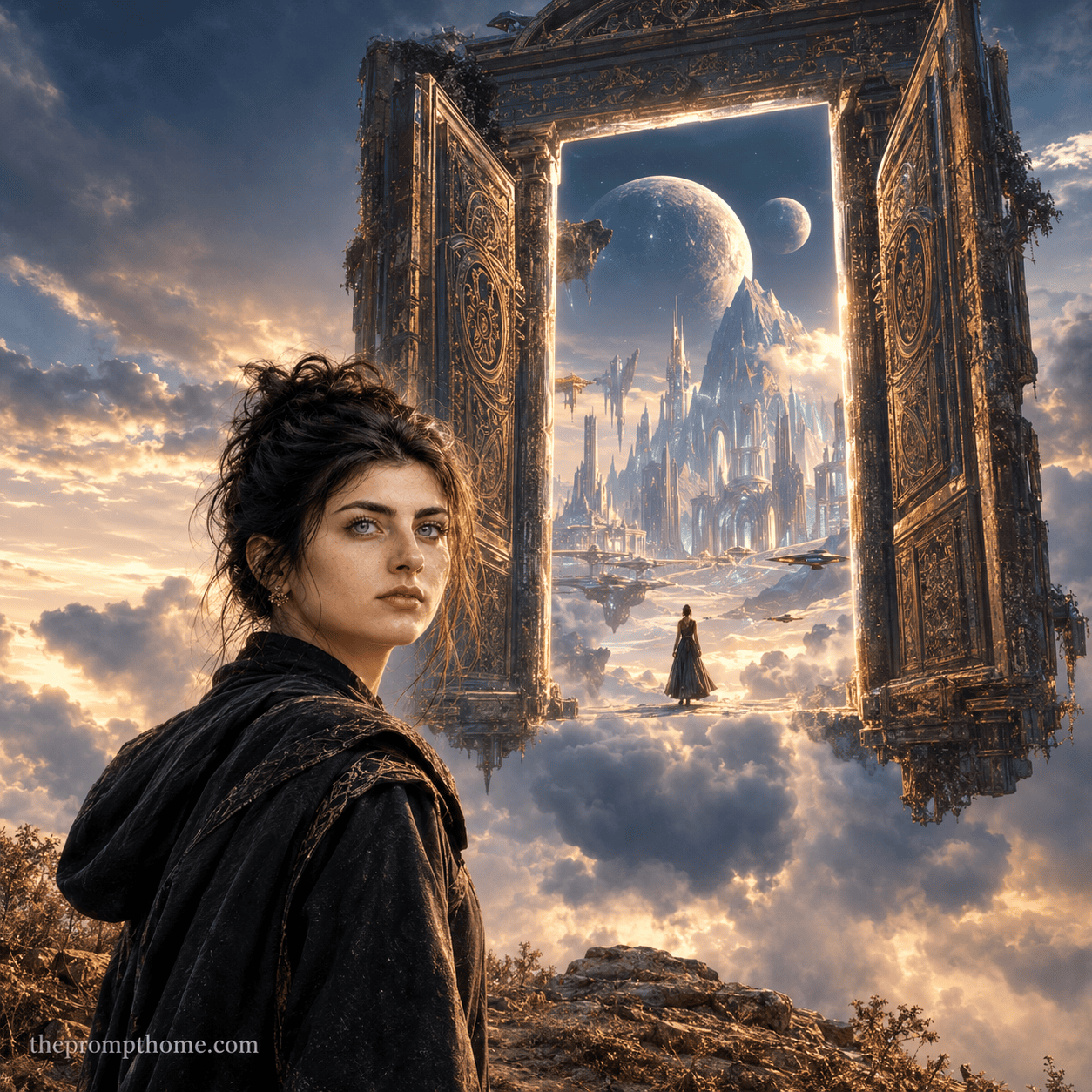 Surreal fantasy art of a woman standing beside a giant floating golden door portal opening into a crystal castle dimension above clouds