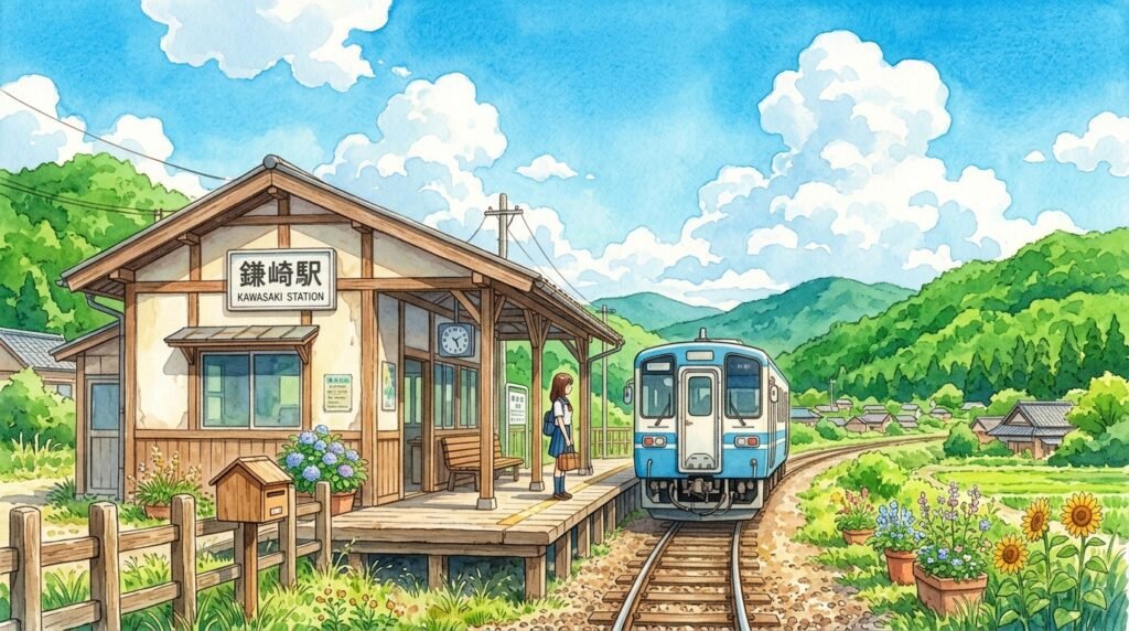 Cozy hand-painted anime countryside train station in a summer landscape