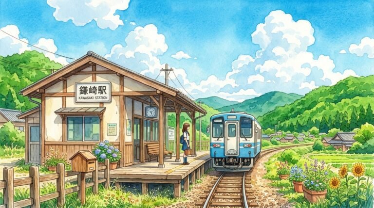Cozy hand-painted anime countryside train station in a summer landscape