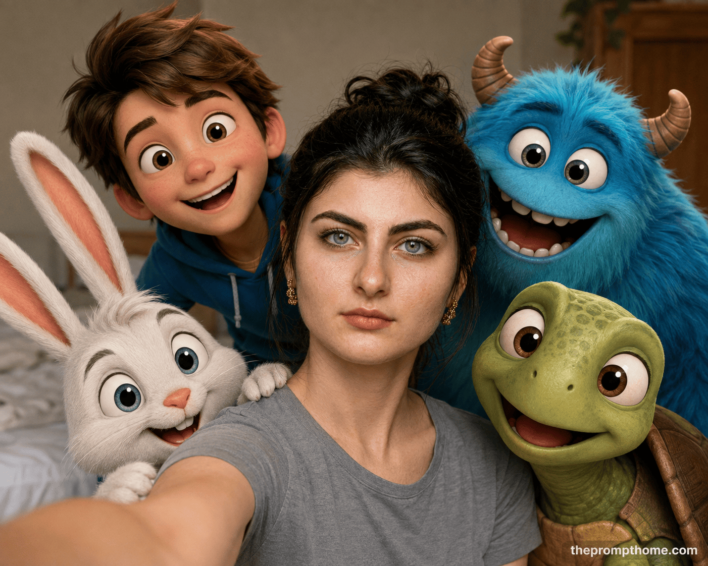 Realistic selfie photo of a woman surrounded by cute 3D animated cartoon characters including a boy, blue monster, bunny, and turtle