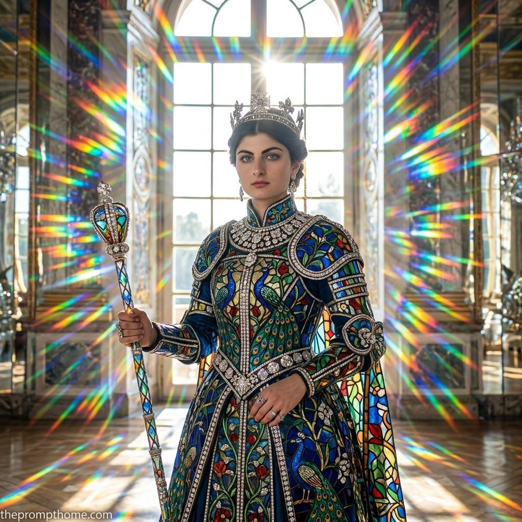 Fantasy portrait of a majestic queen in a peacock stained glass dress holding a scepter with prism rainbow light rays in a palace