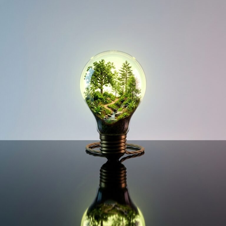 A glowing lightbulb containing a miniature forest on a reflective surface generated using a surreal conceptual AI art prompts