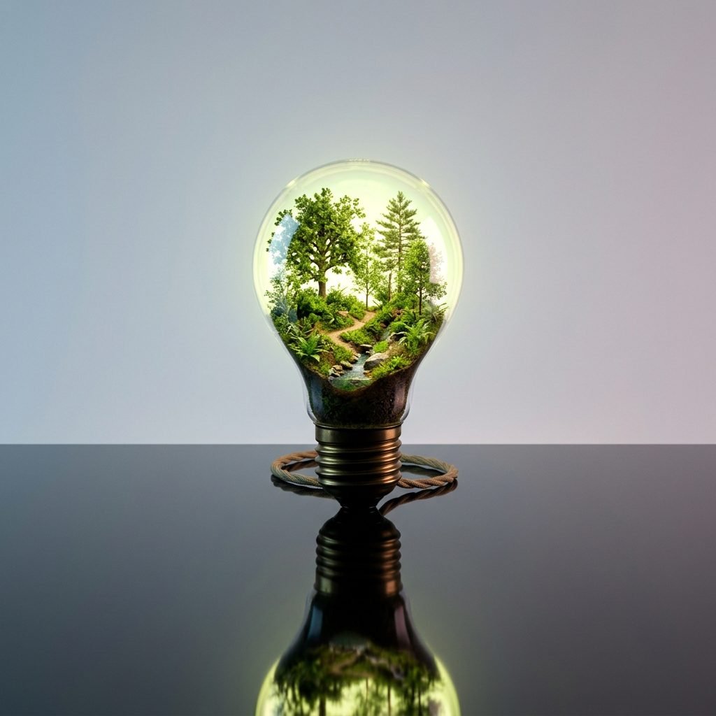 A glowing lightbulb containing a miniature forest on a reflective surface generated using a surreal conceptual AI art prompts
