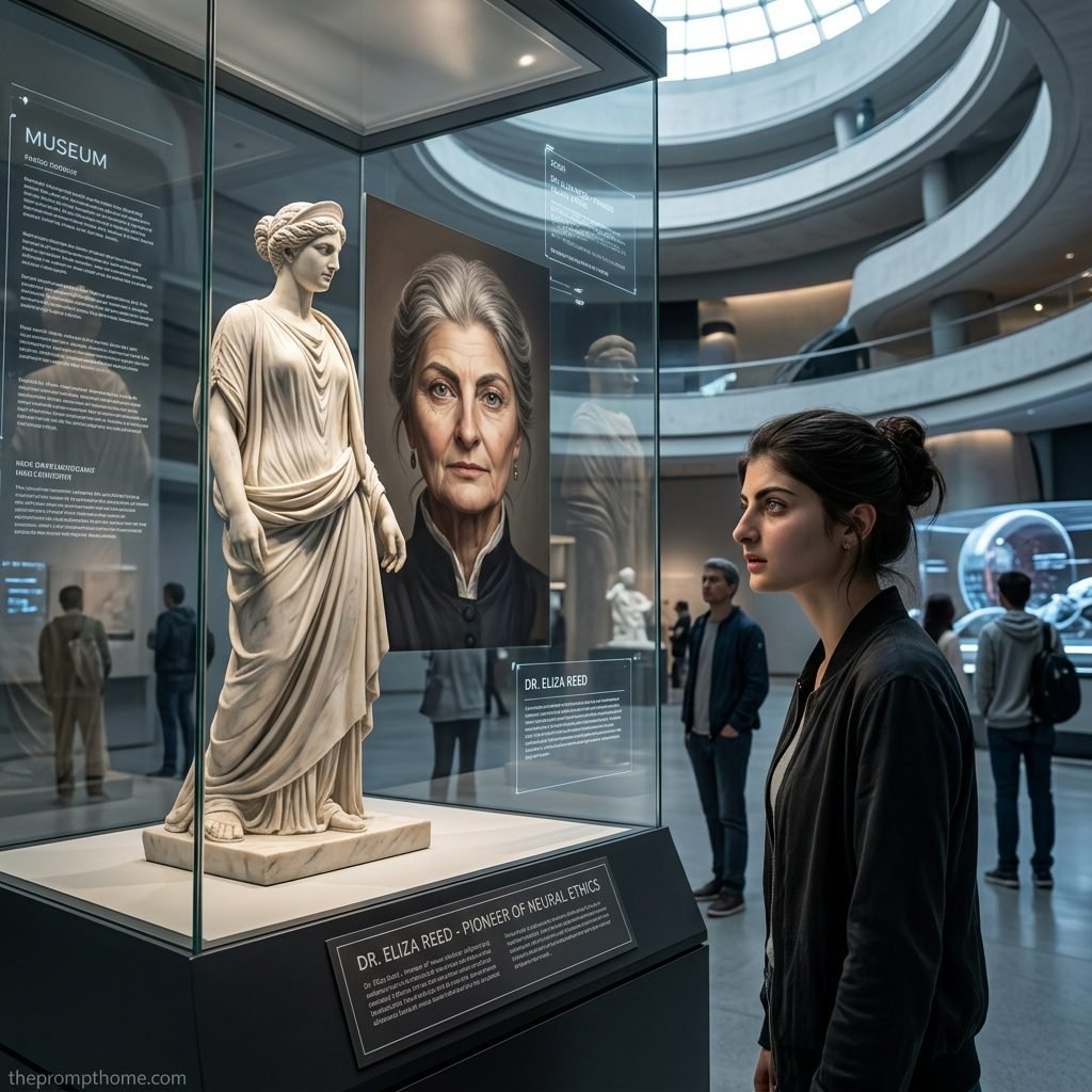 Surreal conceptual photography of a young woman looking at a glass museum display case featuring a marble statue and portrait plaque of Dr. Eliza Reed