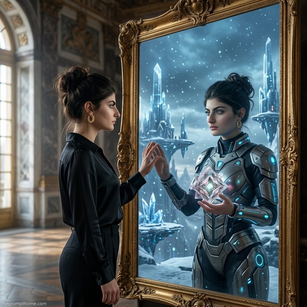 Surreal conceptual art of a woman in a palace touching a golden mirror portal revealing a sci-fi warrior reflection holding a glowing crystal
