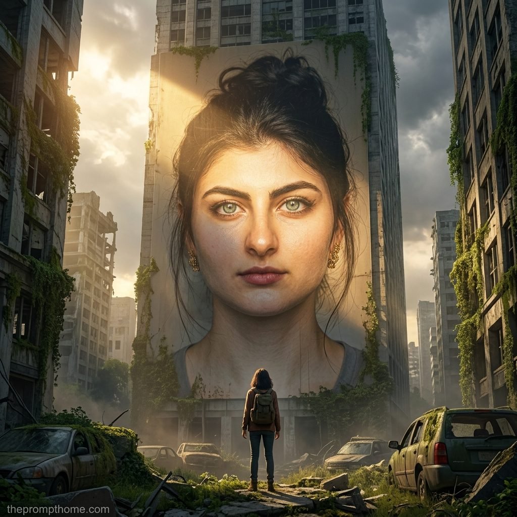 Surreal post-apocalyptic conceptual art of a traveler looking at a massive woman portrait mural on a ruined city skyscraper