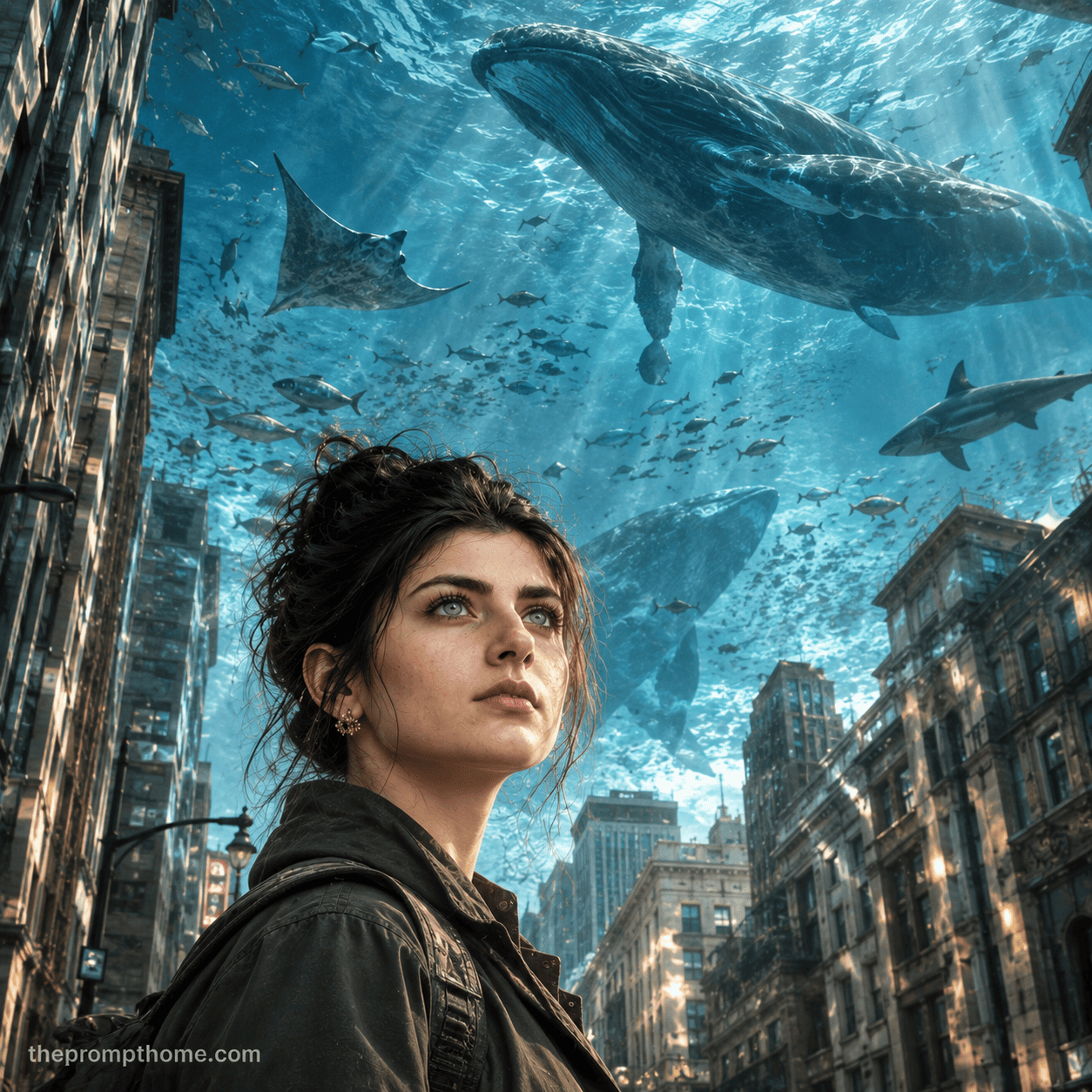 Surreal conceptual portrait of a woman looking up at an ocean sky filled with swimming humpback whales and marine life above city buildings