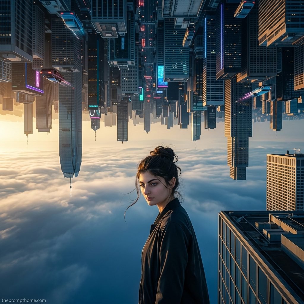 Surreal conceptual portrait of a woman standing in clouds below an upside-down inverted skyscraper city skyline