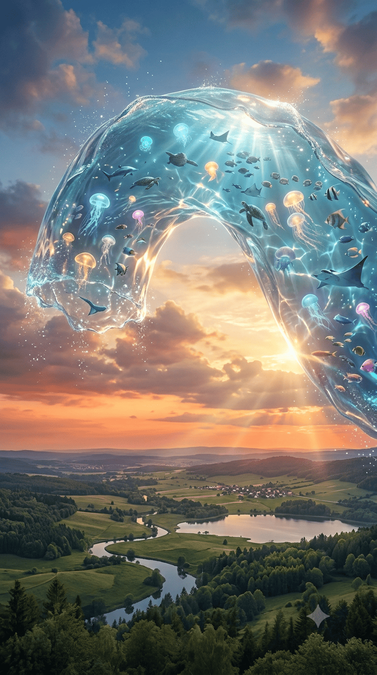 Surreal conceptual art of a liquid water rainbow arch filled with swimming glowing sea creatures over a scenic green valley during sunset