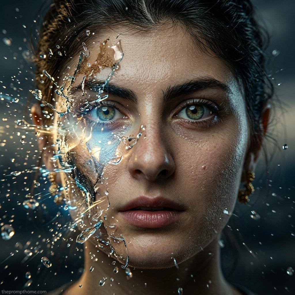 High-speed macro portrait of a woman's face with frozen water droplets splashing across her cheek and eye